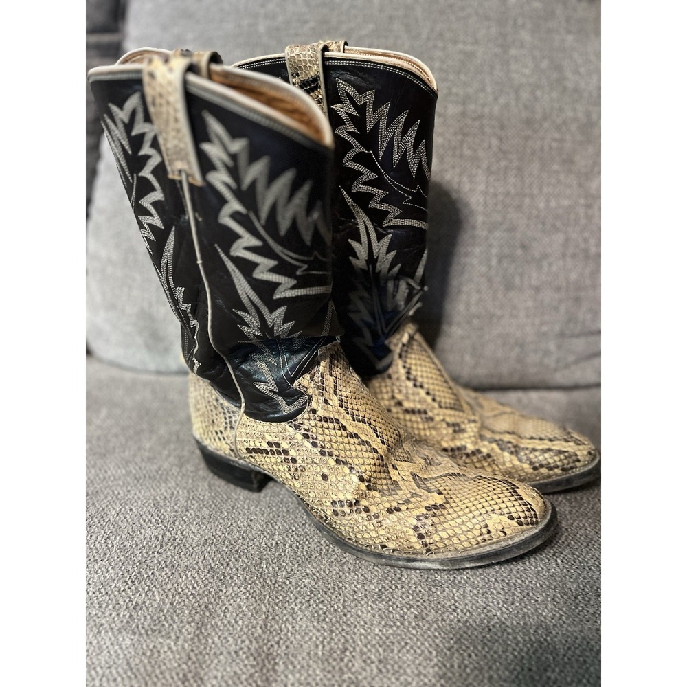 Vintage Justin Python Snakeskin Cowboy Boots Mens Size 10 Black USA Made